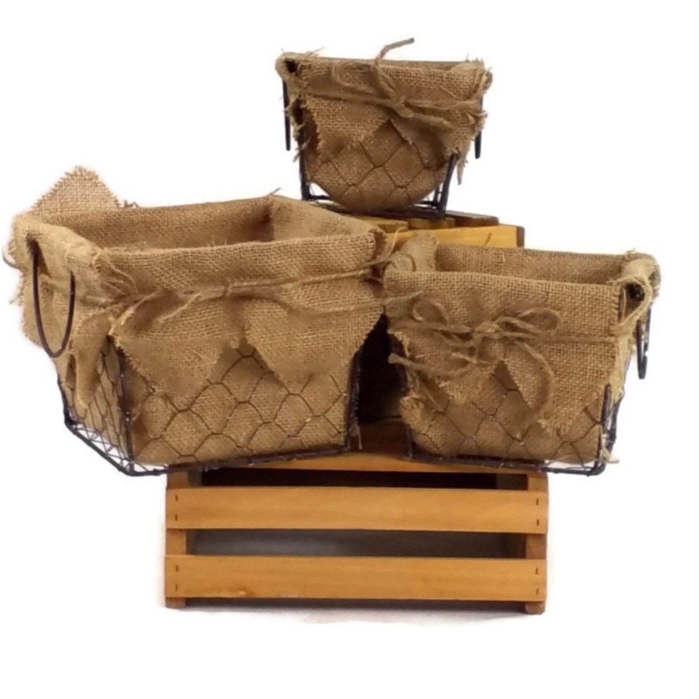 Farmhouse Country Decor Burlap and Chicken Wire Basket Set 3-Pack NIB